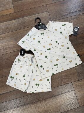 Volcom Two-Piece Tee & Short Set in Cream with Green Palm Print